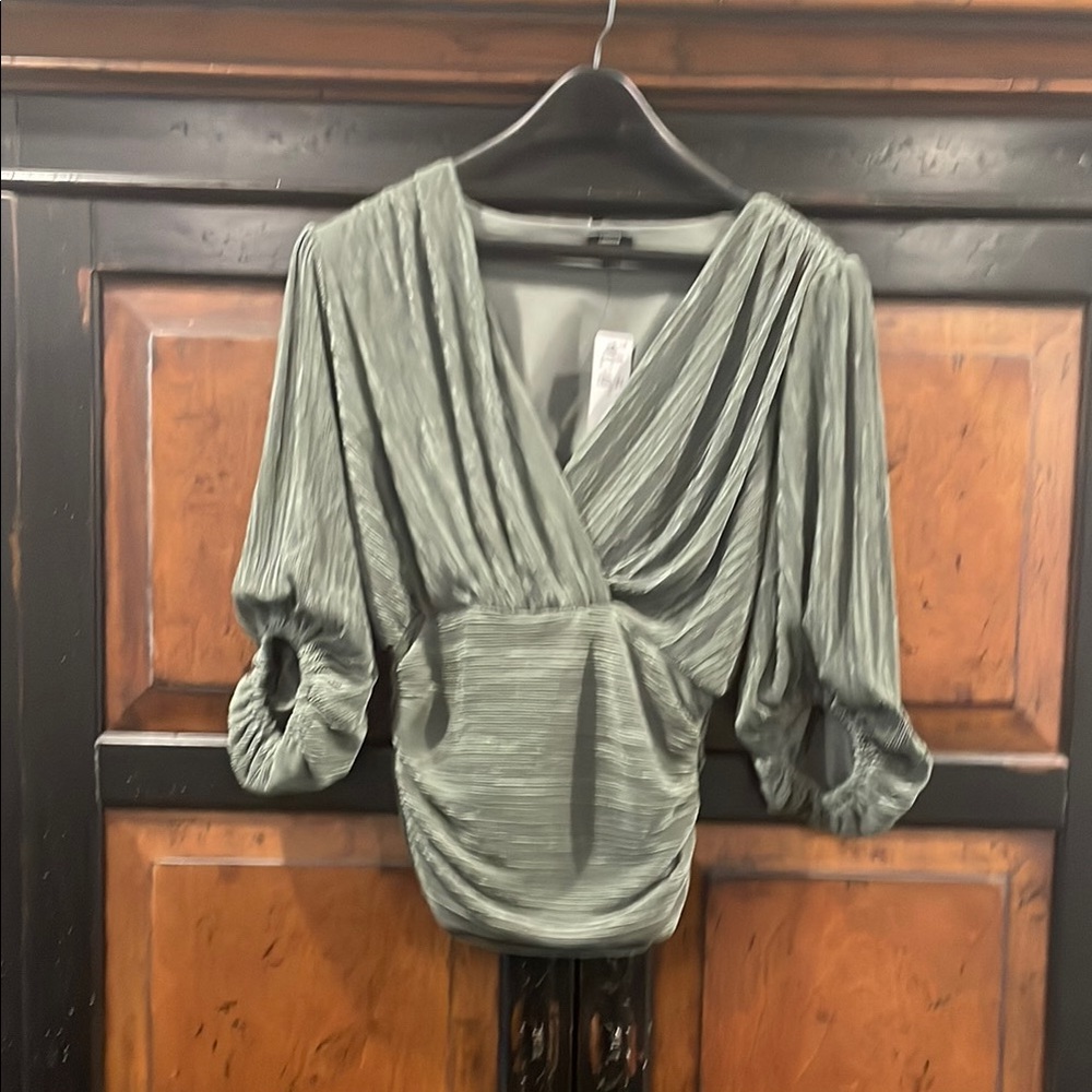 Express Green Wrap Blouse with Ruched 3/4 Sleeves
